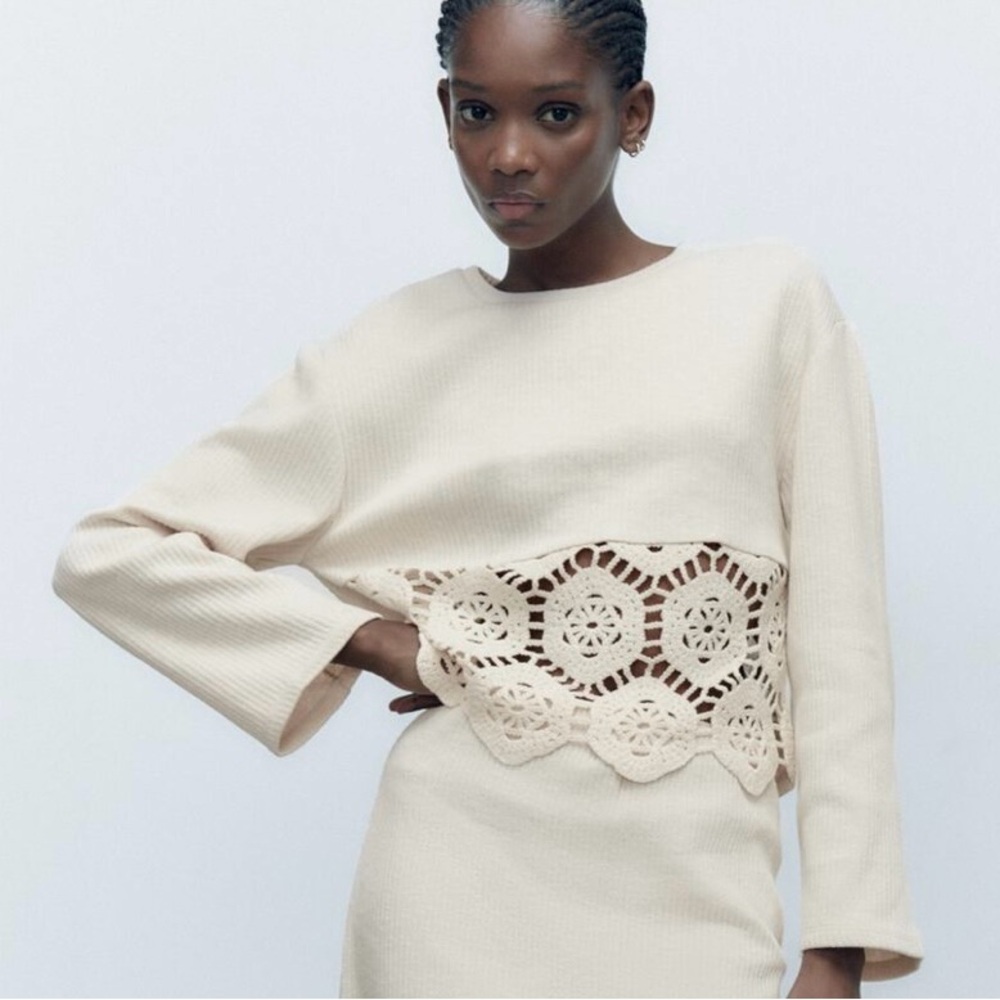 ZARA Beige Ecru‎ Crocheted Long Sleeve Sweater Sweatshirt Top Shirt Size Small